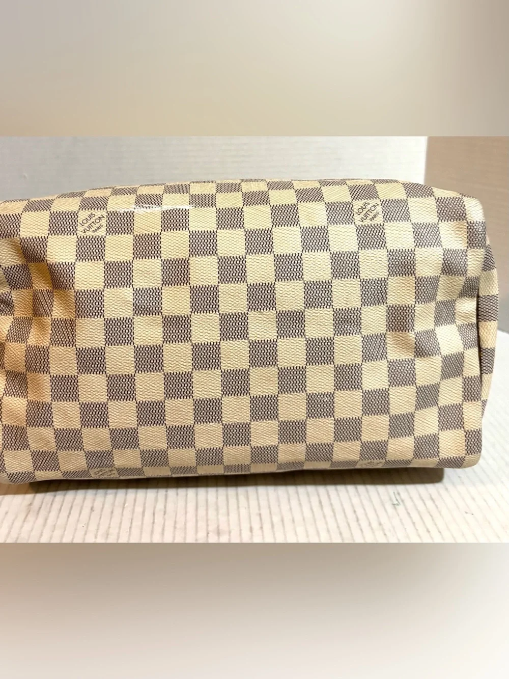 Louis Vuitton Damier Azur Canvas Speedy Bag - Cream & Brown Leather